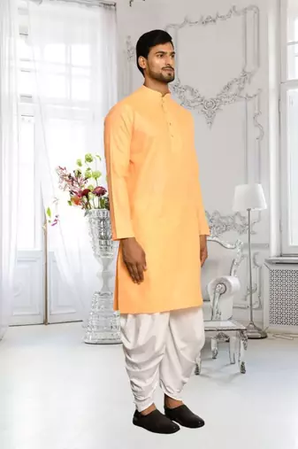 Orange plain cotton full sleeve kurta and dhoti set for men