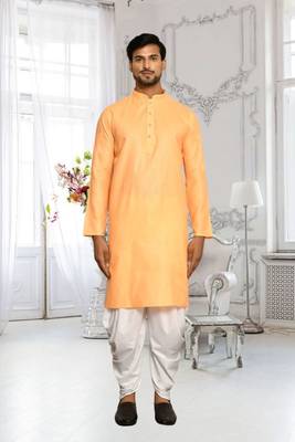 Orange plain cotton full sleeve kurta and dhoti set for men 3