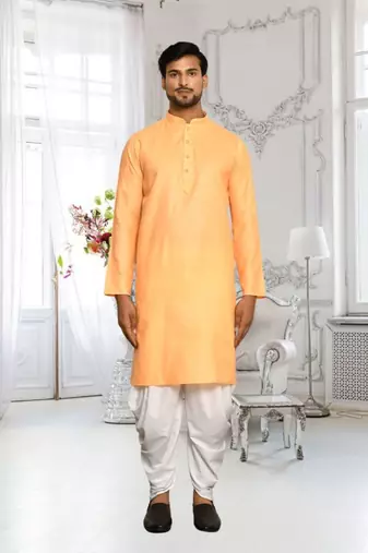 Orange plain cotton full sleeve kurta and dhoti set for men