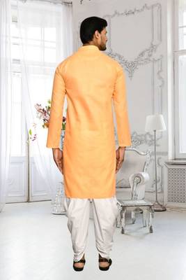 Orange plain cotton full sleeve kurta and dhoti set for men 4