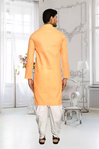 Orange plain cotton full sleeve kurta and dhoti set for men