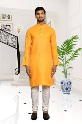 Yellow cotton plain full sleeve kurta and churidar set for men 1