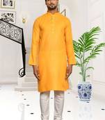 Yellow cotton plain full sleeve kurta and churidar set for men