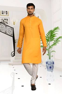 Yellow cotton plain full sleeve kurta and churidar set for men 2