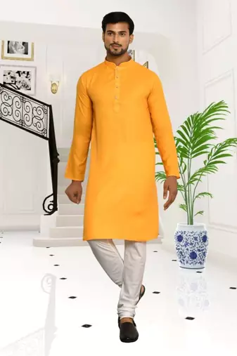 Yellow cotton plain full sleeve kurta and churidar set for men