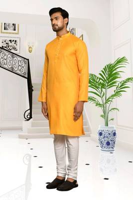 Yellow cotton plain full sleeve kurta and churidar set for men 3
