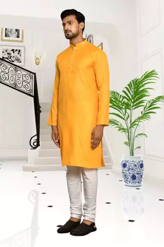 Yellow cotton plain full sleeve kurta and churidar set for men