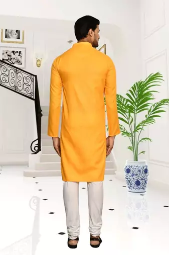 Yellow cotton plain full sleeve kurta and churidar set for men
