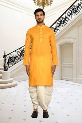 Yellow plain cotton full sleeve kurta and dhoti set for men 1