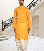 Yellow plain cotton full sleeve kurta and dhoti set for men