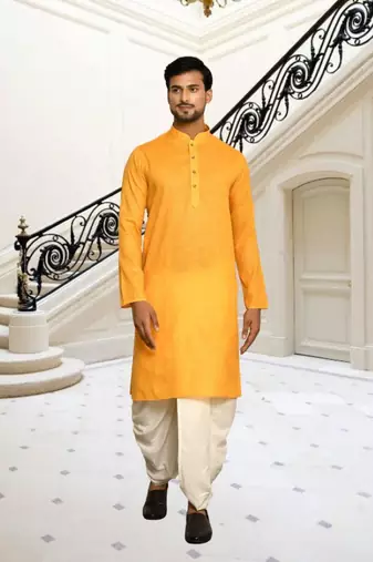 Yellow plain cotton full sleeve kurta and dhoti set for men