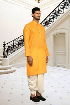 Yellow plain cotton full sleeve kurta and dhoti set for men 3