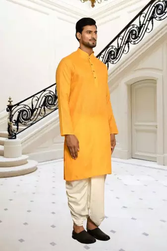 Yellow plain cotton full sleeve kurta and dhoti set for men