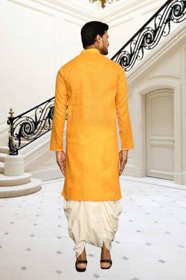 Yellow plain cotton full sleeve kurta and dhoti set for men 4