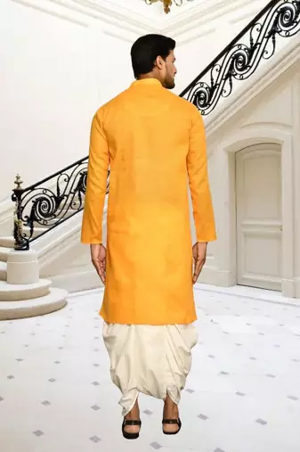 Yellow plain cotton full sleeve kurta and dhoti set for men