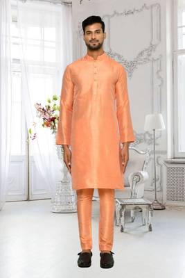 Peach dupion silk plain full sleeve kurta and churidar set for men 1