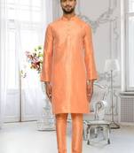 Peach dupion silk plain full sleeve kurta and churidar set for men