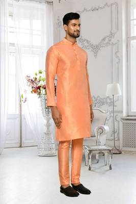 Peach dupion silk plain full sleeve kurta and churidar set for men 2
