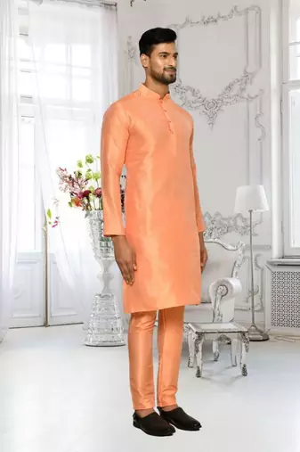 Peach dupion silk plain full sleeve kurta and churidar set for men