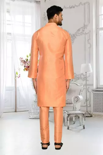 Peach dupion silk plain full sleeve kurta and churidar set for men