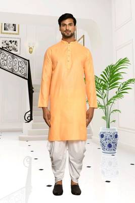 Orange plain cotton full sleeve kurta and dhoti set for men 1