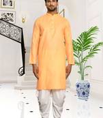 Orange plain cotton full sleeve kurta and dhoti set for men