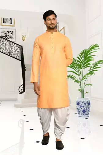 Orange plain cotton full sleeve kurta and dhoti set for men