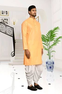 Orange plain cotton full sleeve kurta and dhoti set for men 3