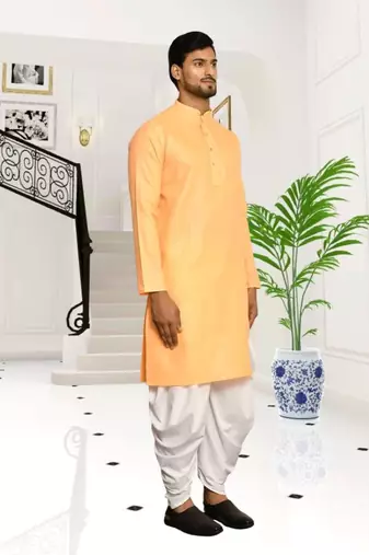 Orange plain cotton full sleeve kurta and dhoti set for men