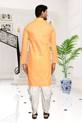 Orange plain cotton full sleeve kurta and dhoti set for men 4