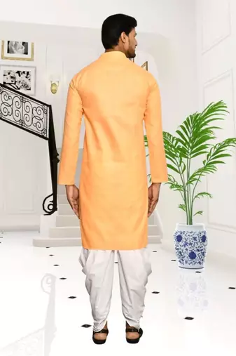 Orange plain cotton full sleeve kurta and dhoti set for men