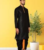Black dupion silk plain full sleeve kurta and dhoti set for men
