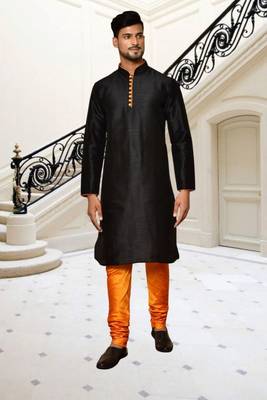 Black dupion silk plain full sleeve kurta and churidar set for men 1