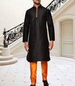 Black dupion silk plain full sleeve kurta and churidar set for men