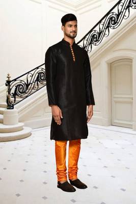 Black dupion silk plain full sleeve kurta and churidar set for men 2