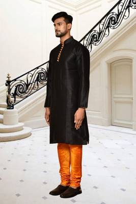 Black dupion silk plain full sleeve kurta and churidar set for men 3