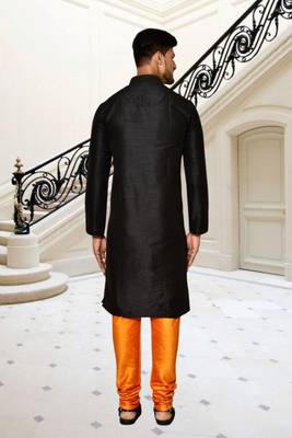 Black dupion silk plain full sleeve kurta and churidar set for men 4