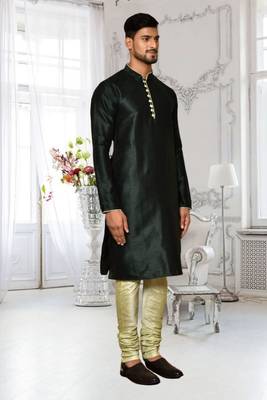 Black dupion silk plain full sleeve kurta and churidar set for men 1