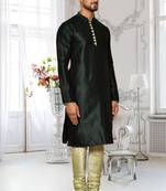 Black dupion silk plain full sleeve kurta and churidar set for men