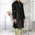 Black dupion silk plain full sleeve kurta and churidar set for men