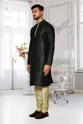 Black dupion silk plain full sleeve kurta and churidar set for men 2