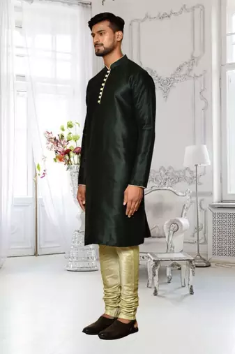 Black dupion silk plain full sleeve kurta and churidar set for men