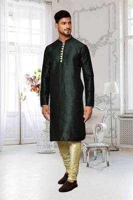 Black dupion silk plain full sleeve kurta and churidar set for men 3