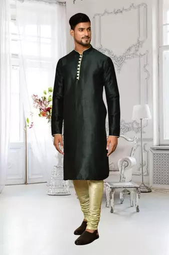 Black dupion silk plain full sleeve kurta and churidar set for men