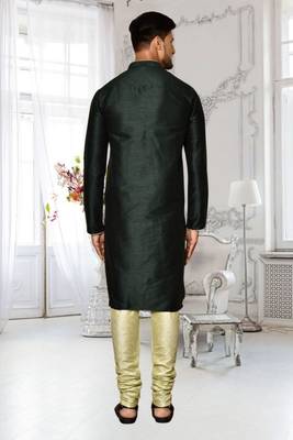 Black dupion silk plain full sleeve kurta and churidar set for men 4