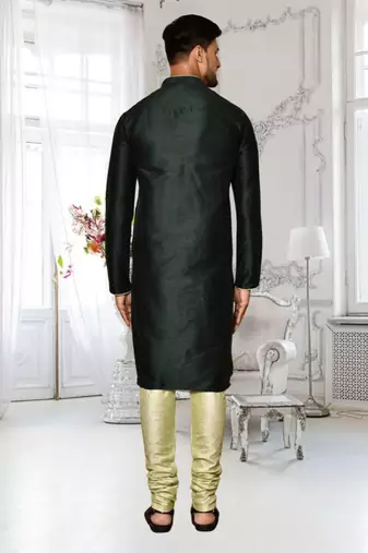 Black dupion silk plain full sleeve kurta and churidar set for men