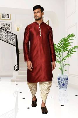 Maroon dupion silk plain full sleeve kurta and dhoti set for men 1