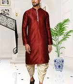 Maroon dupion silk plain full sleeve kurta and dhoti set for men