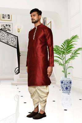 Maroon dupion silk plain full sleeve kurta and dhoti set for men 2