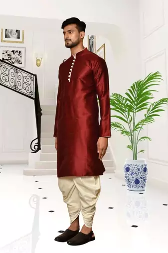 Maroon dupion silk plain full sleeve kurta and dhoti set for men